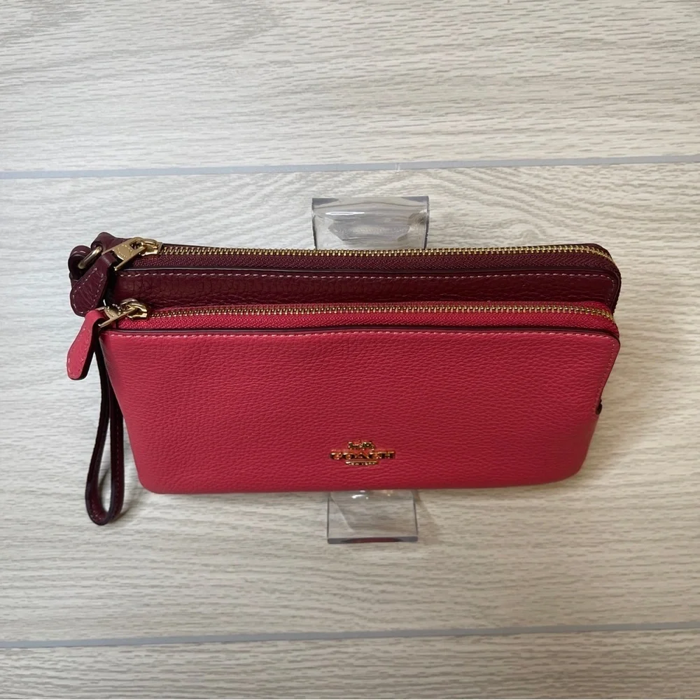 Coach Double Zip Pouch Wristlet Pebbled Leather Pink Maroon (Watermelon/Wine)